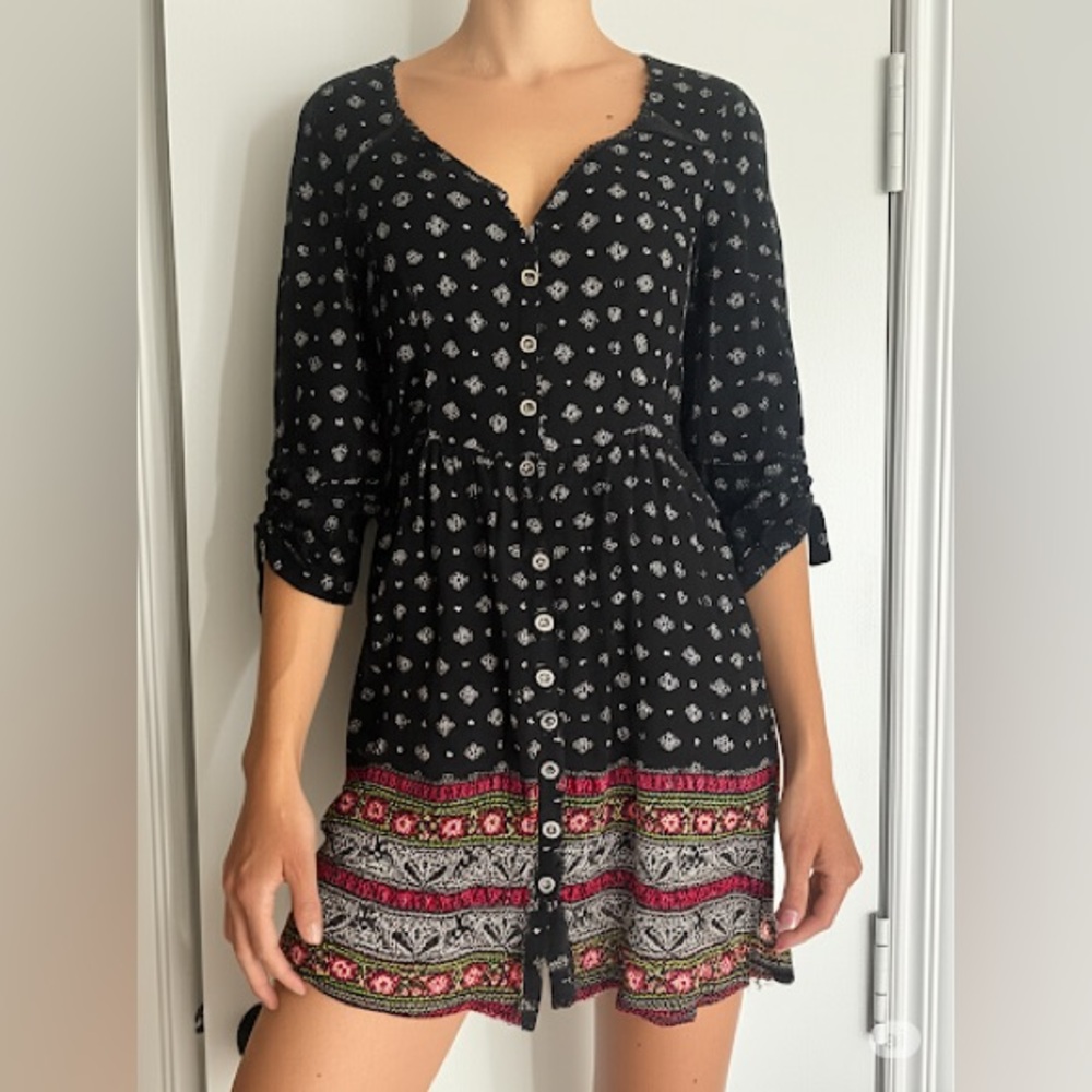 Feathers 3/4 Ruched Sleeve Boho Button Front Tie Back Mini/Midi Gypsy Dress M
